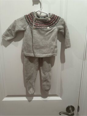Baby Knit Two-Piece Set in Light Gray with Fair Isle Yoke